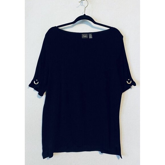 Chicos Travelers Top Womens XL Black Tunic Side Split Sleeve Gold Tone Grommet - Picture 1 of 8